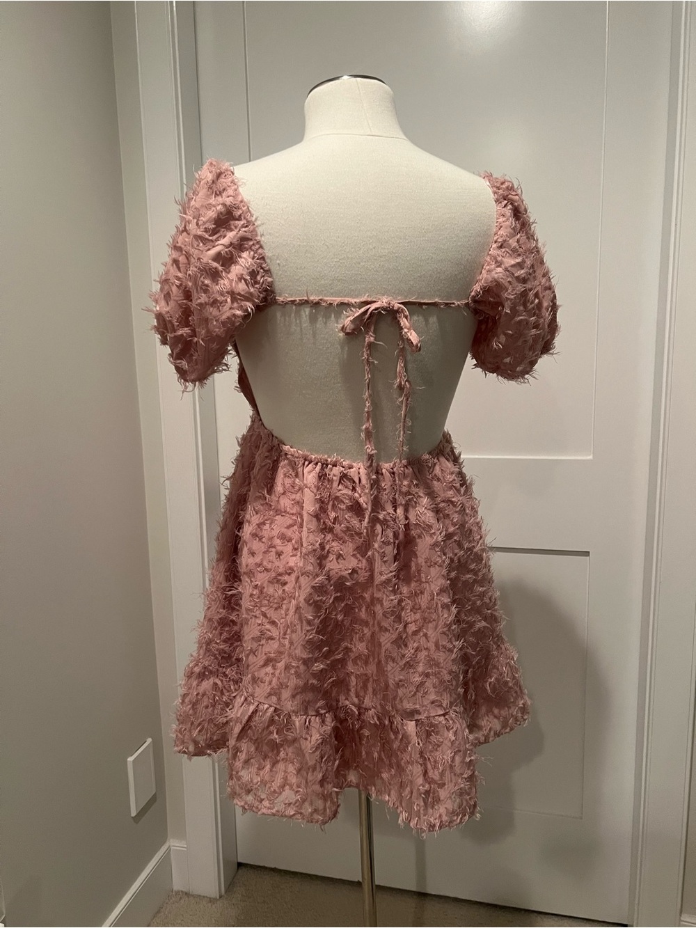 Textured Blush Pink Open-Back Mini Dress